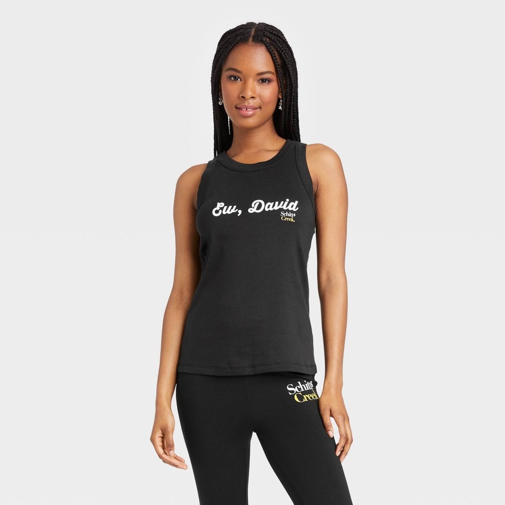 NWT - Women's Schitt's Creek Ew David Ribbed Graphic Tank Top - Black